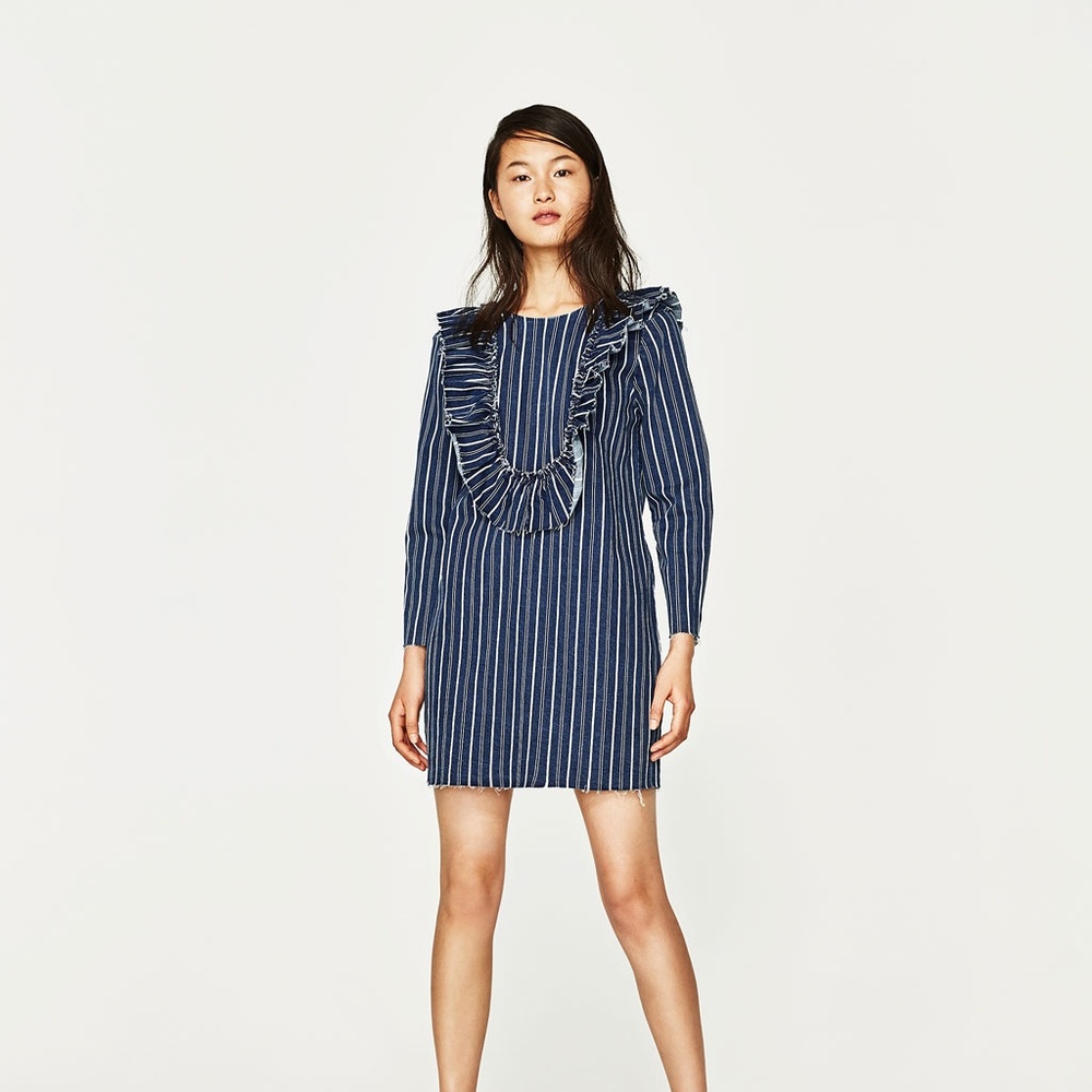 NWT ZARA Stripped Frilled New Denim Mini Dress